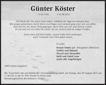 Traueranzeige von Günter Köster von KRZ