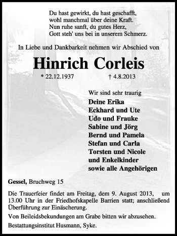 Traueranzeige von Hinrich Corleis von KRZ