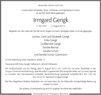 Traueranzeige von Irmgard Gerigk von KRZ