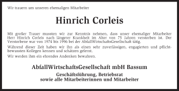 Traueranzeige von Hinrich Corleis von KRZ