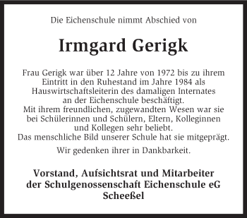 Traueranzeige von Irmgard Gerigk von KRZ