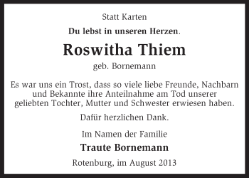 Traueranzeige von Roswitha Thiem von KRZ