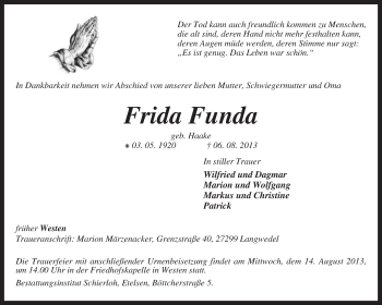 Traueranzeige von Frida Funda von KRZ