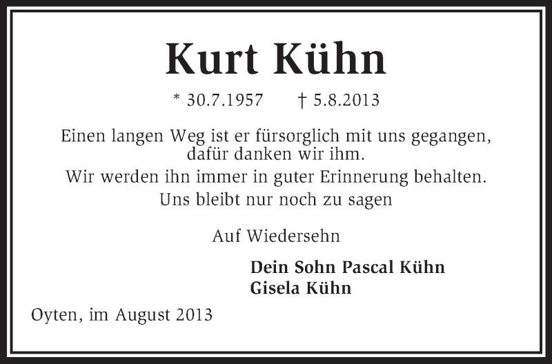  Traueranzeige für Kurt Kühn vom 10.08.2013 aus KRZ