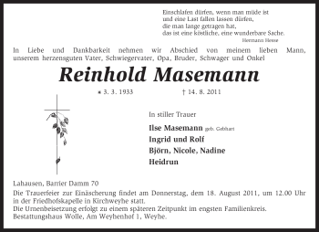 Traueranzeige von Reinhold Masemann von KREISZEITUNG SYKE