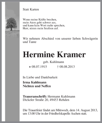 Traueranzeige von Hermine Kramer von KRZ