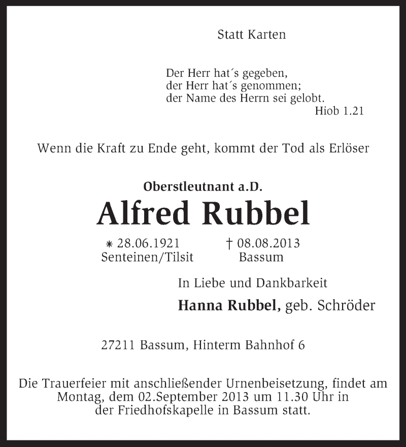  Traueranzeige für Alfred Rubbel vom 10.08.2013 aus KRZ