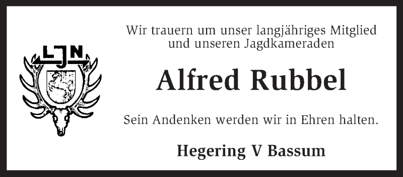  Traueranzeige für Alfred Rubbel vom 13.08.2013 aus KRZ