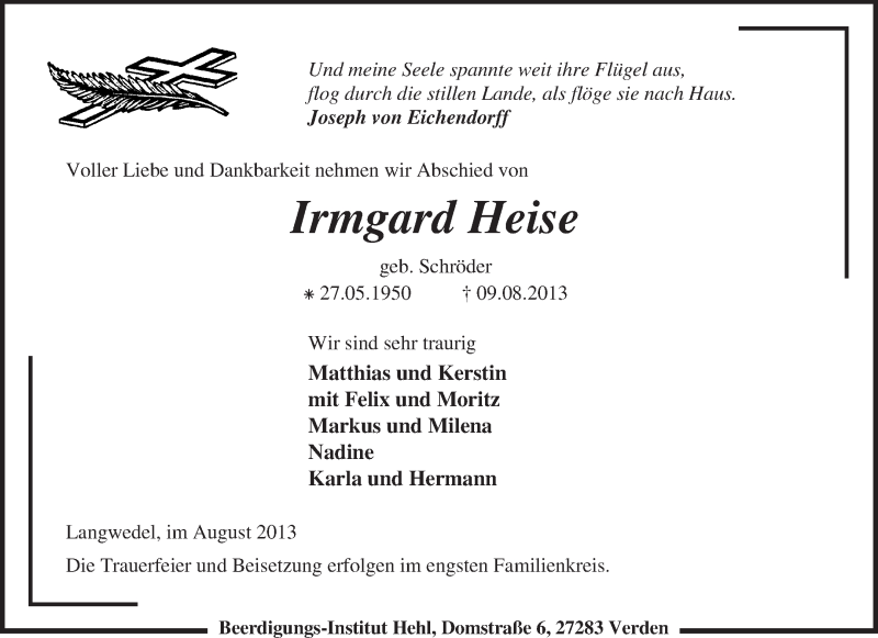  Traueranzeige für Irmgard Heise vom 13.08.2013 aus KRZ