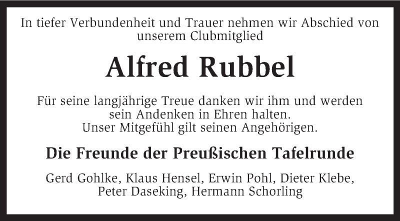  Traueranzeige für Alfred Rubbel vom 14.08.2013 aus KRZ
