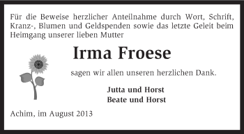 Traueranzeige von Irma Froese von KRZ