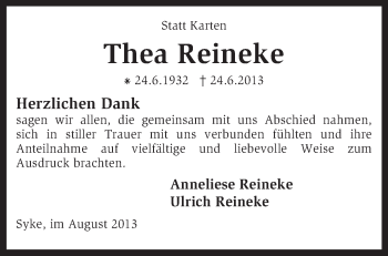 Traueranzeige von Thea Reineke von KRZ