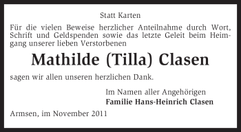 Traueranzeige von Mathilde (Tilla) Clasen von KREISZEITUNG SYKE