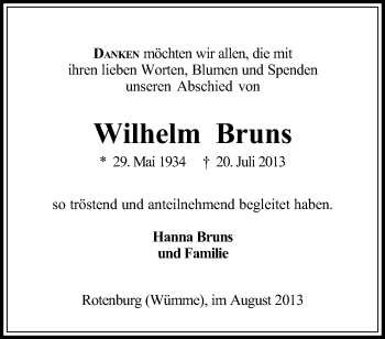 Traueranzeige von Wilhelm Bruns von KRZ