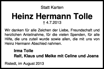 Traueranzeige von Heinz Hermann Tolle von KRZ