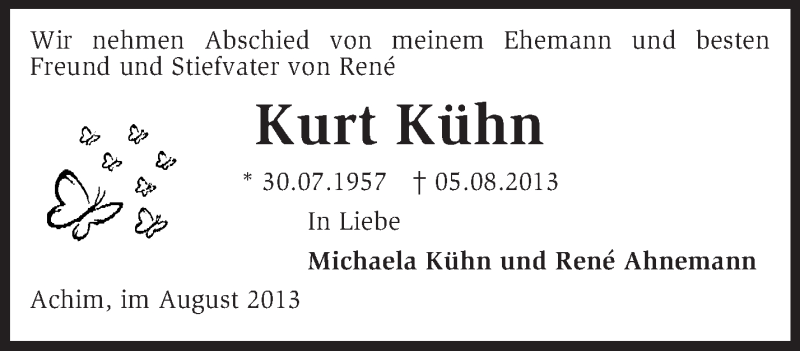  Traueranzeige für Kurt Kühn vom 21.08.2013 aus KRZ