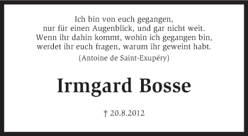 Traueranzeige von Irmgard Bosse von KRZ