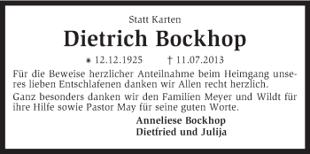 Traueranzeige von Dietrich Bockhop von KRZ