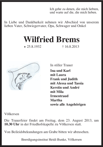 Traueranzeige von Wilfried Brems von KRZ