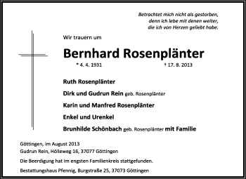 Traueranzeige von Bernhard Rosenplänter von KRZ