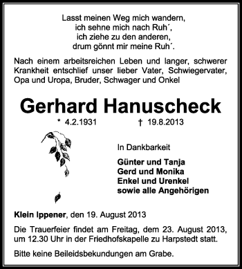 Traueranzeige von Gerhard Hanuscheck von KRZ