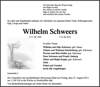 Traueranzeige von Wilhelm Schweers von KRZ