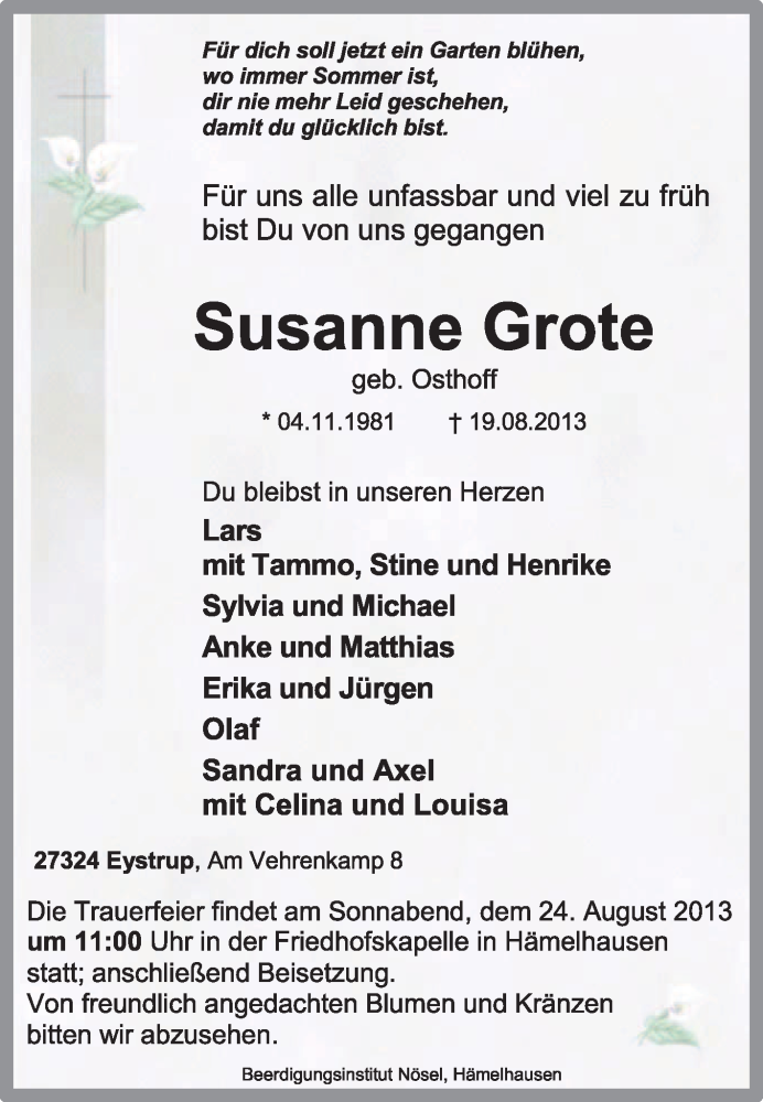  Traueranzeige für Susanne Grote vom 22.08.2013 aus KRZ