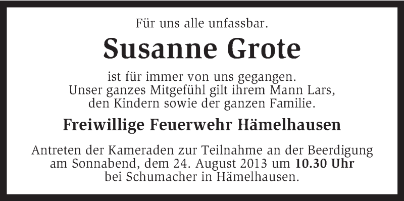  Traueranzeige für Susanne Grote vom 22.08.2013 aus KRZ