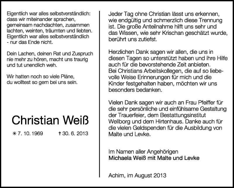  Traueranzeige für Christian Weiß vom 24.08.2013 aus KRZ