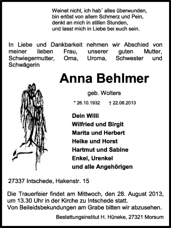 Traueranzeige von Anna Behlmer von KRZ