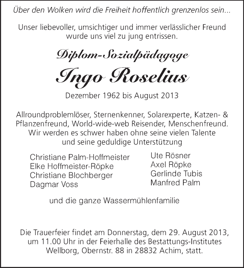  Traueranzeige für Ingo Roselius vom 24.08.2013 aus KRZ
