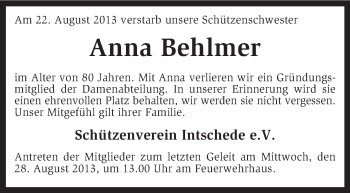 Traueranzeige von Anna Behlmer von KRZ