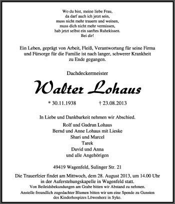 Traueranzeige von Walter Lohaus von KRZ