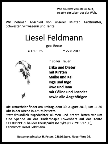 Traueranzeige von Liesel Feldmann von KRZ