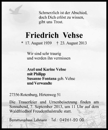 Traueranzeige von Friedrich Vehse von KRZ