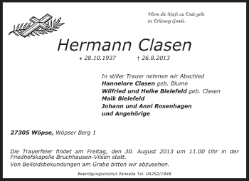 Traueranzeige von Hermann Clasen von KRZ