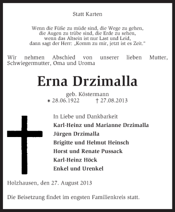 Traueranzeige von Erna Drzimalla von KRZ