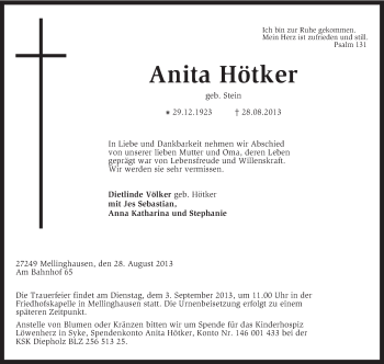 Traueranzeige von Anita Hötker von KRZ