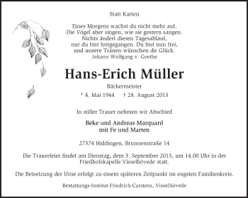 Traueranzeige von Hans-Erich Müller von KRZ