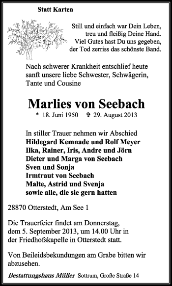 Traueranzeige von Marlies von Seebach von KRZ