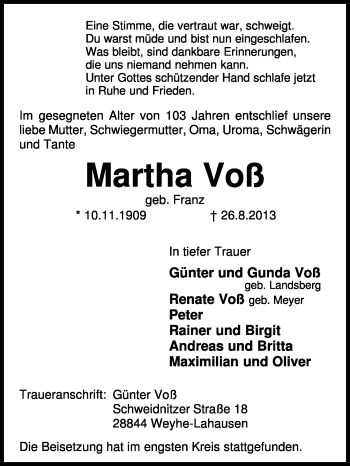 Traueranzeige von Martha Voß von KRZ