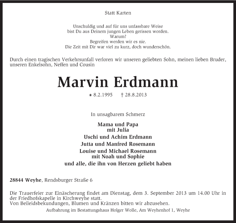  Traueranzeige für Marvin Erdmann vom 31.08.2013 aus KRZ