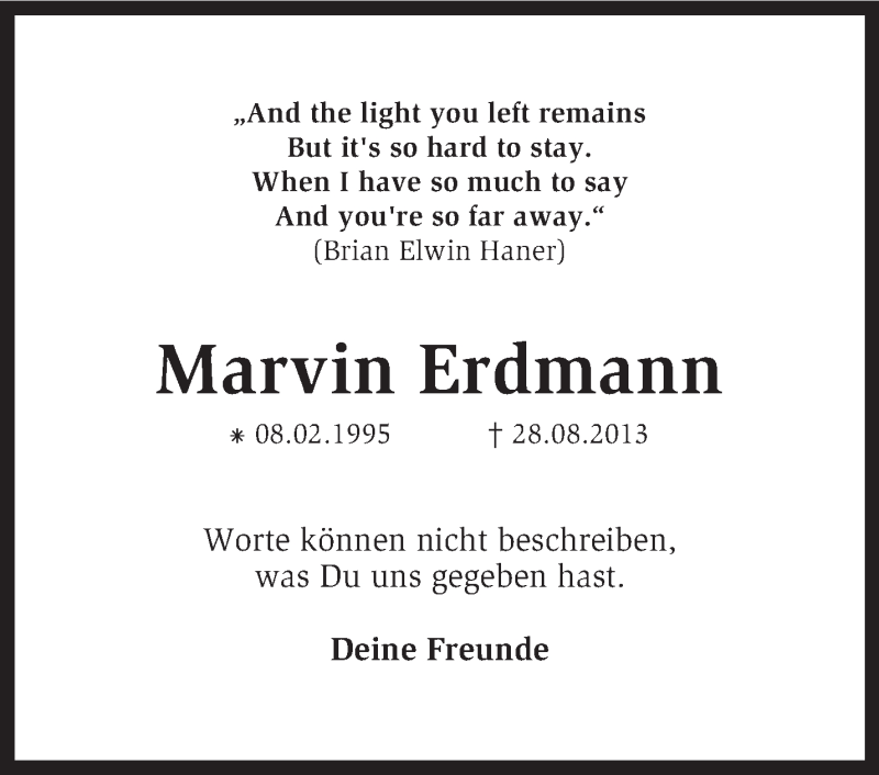  Traueranzeige für Marvin Erdmann vom 31.08.2013 aus KRZ