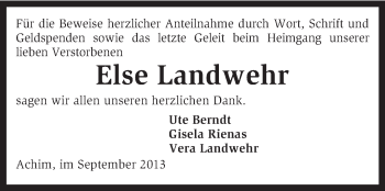 Traueranzeige von Else Landwehr von KRZ