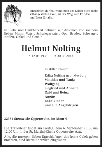 Traueranzeige von Helmut Nolting von KRZ