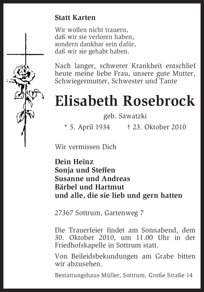 Traueranzeige für Elisabeth Rosebrock vom 26.10.2010 aus KREISZEITUNG SYKE