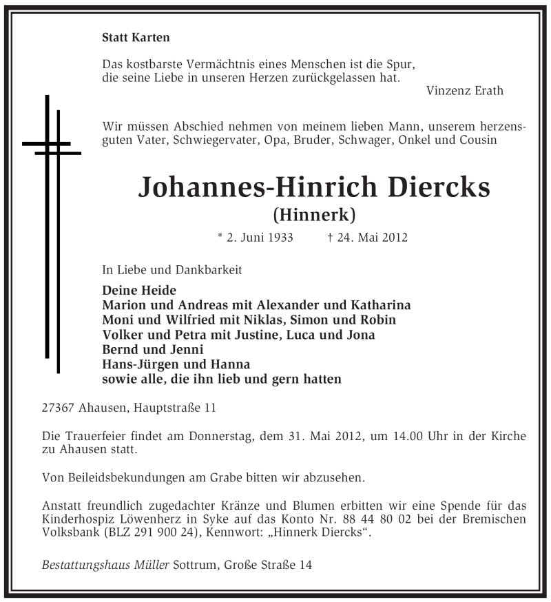  Traueranzeige für Johannes-Hinrich Diercks vom 26.05.2012 aus KREISZEITUNG SYKE