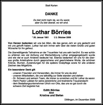 Traueranzeige von Lothar Börries von KREISZEITUNG SYKE