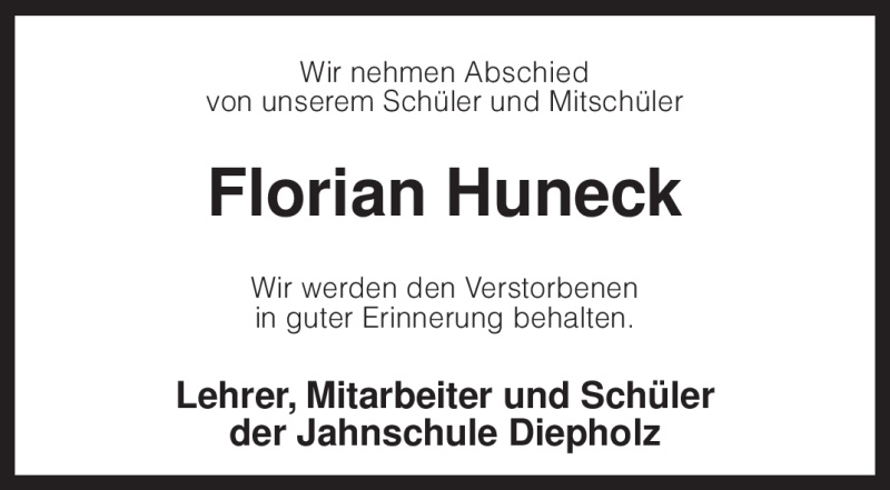  Traueranzeige für Florian Huneck vom 07.10.2009 aus KREISZEITUNG SYKE