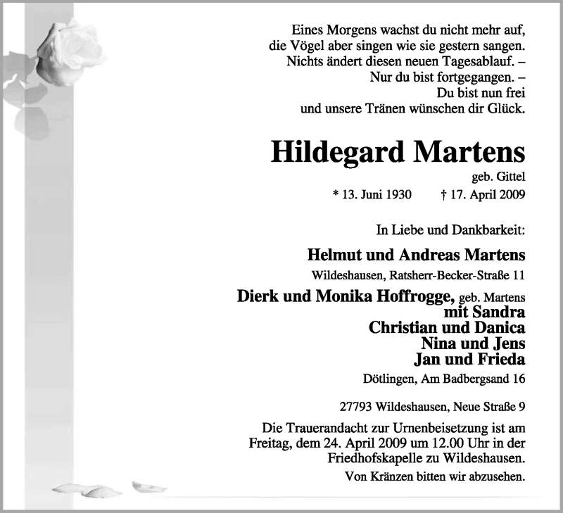  Traueranzeige für Hildegard Martens vom 20.04.2009 aus KREISZEITUNG SYKE